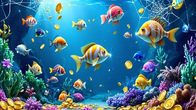 Meriam dan kumpulan target ikan pada layar permainan mobile