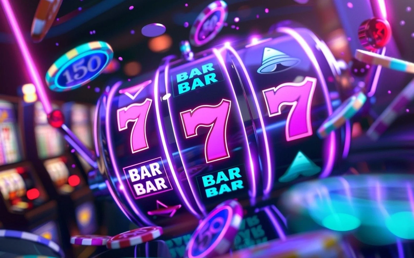 Visual reel slot dengan ikon permainan dan latar cerah